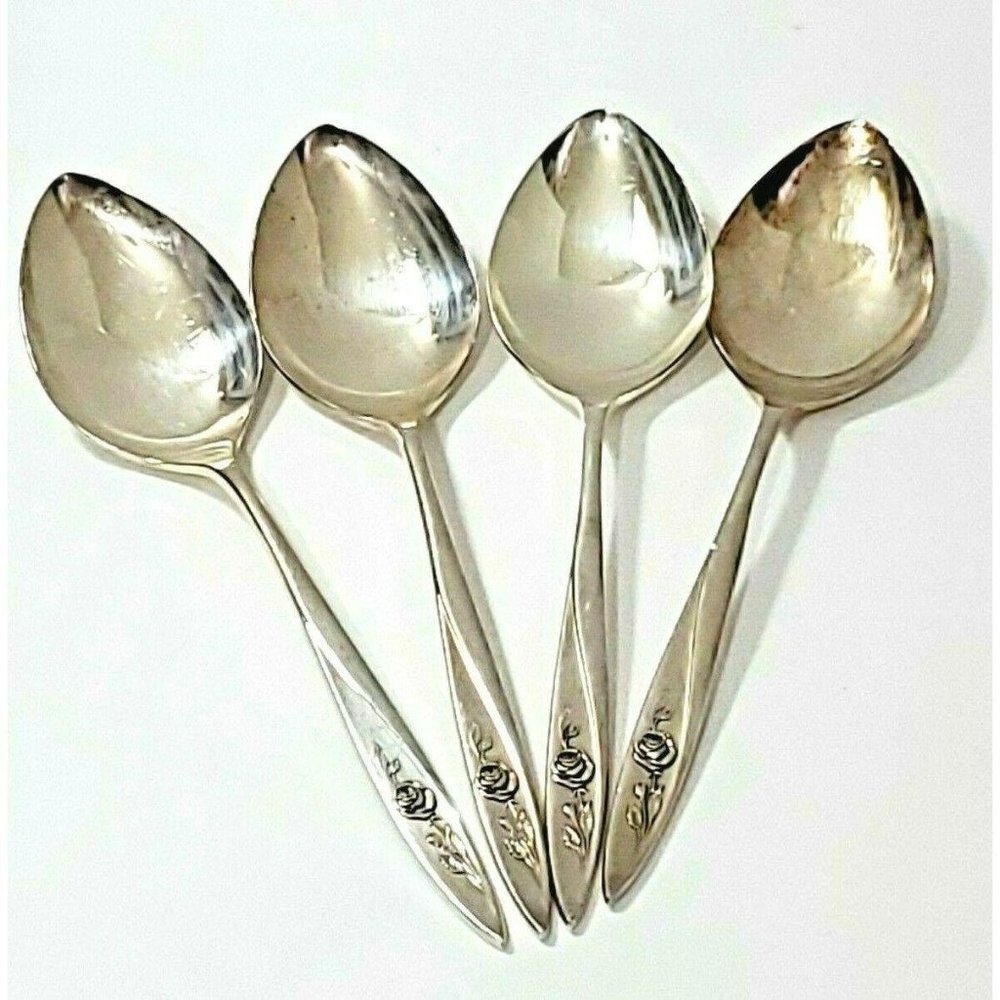 4 Oneida Community MORNING ROSE silver plate Oval Soup Spoon flatware 1960